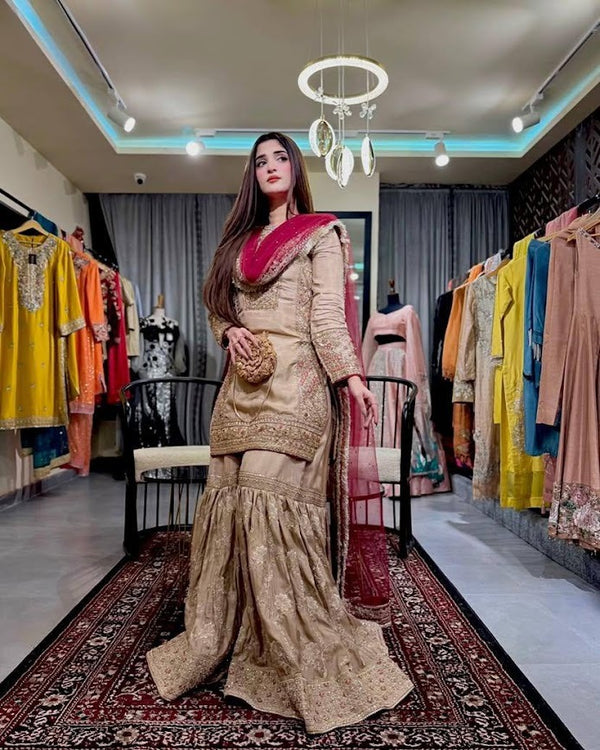 Champagne Gold Sharara Ensemble with Maroon Dupatta & Intricate Zari Work