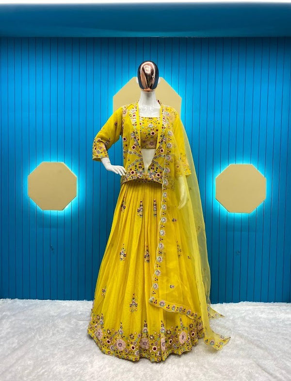 Sunshine Yellow Lehenga Set with Floral Mirror Embroidery and Net Dupatta