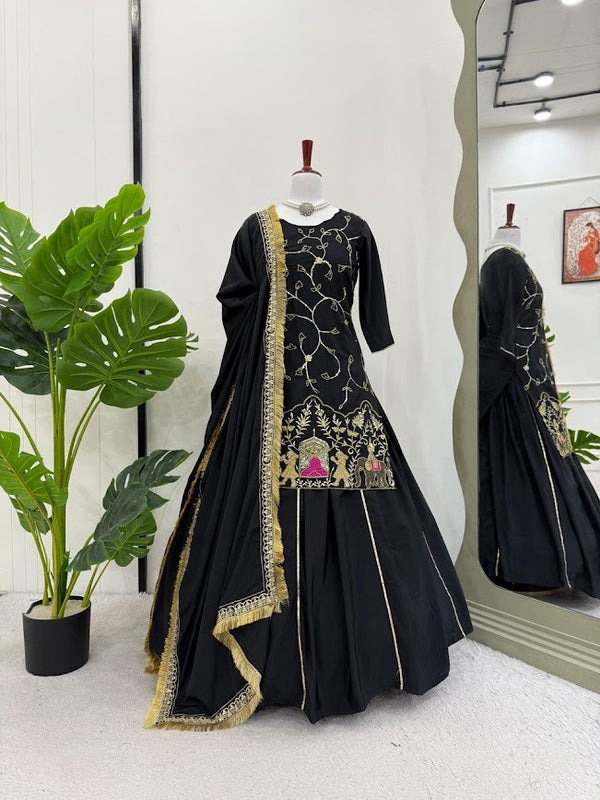 Elegant Black Lehenga Set with Golden Embroidery and Pink Temple Accents