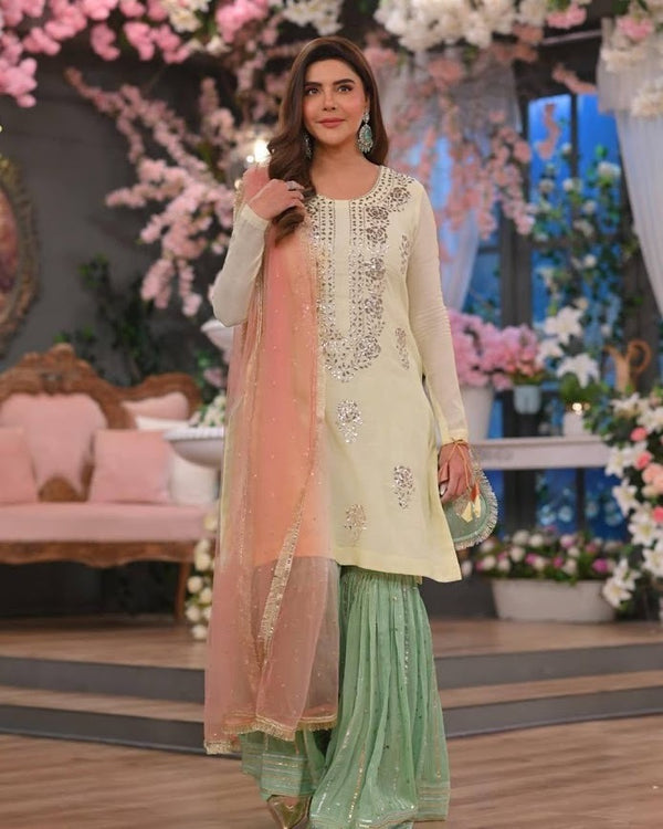 Pastel Glow Sharara Set with Mirror Work and Peach Dupatta