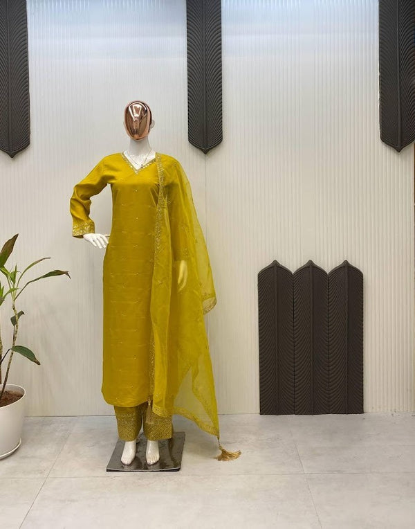 Sunshine Elegance Mustard Yellow Mirror Work Suit with Embroidered Dupatta