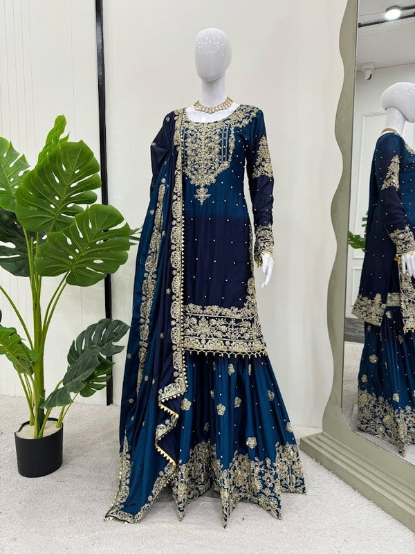 Midnight Blue Sharara Set with Heavy Golden Embroidery & Ombre Finish