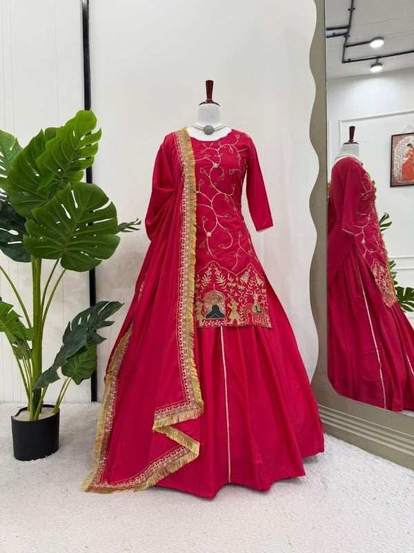 Festive Pink Embroidered Lehenga Set with Antique Temple Motif Detailing