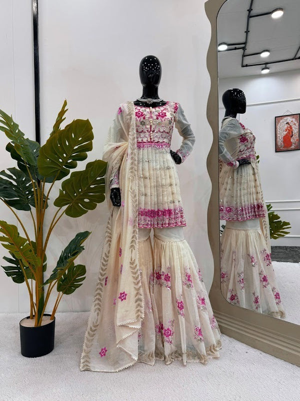 Ivory & Pink Embroidered Sharara Set with Mirror and Floral Accents