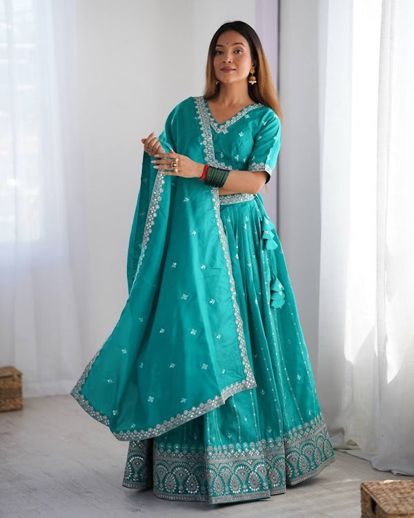 Turquoise Blue Embroidered Lehenga Choli Set with Dupatta