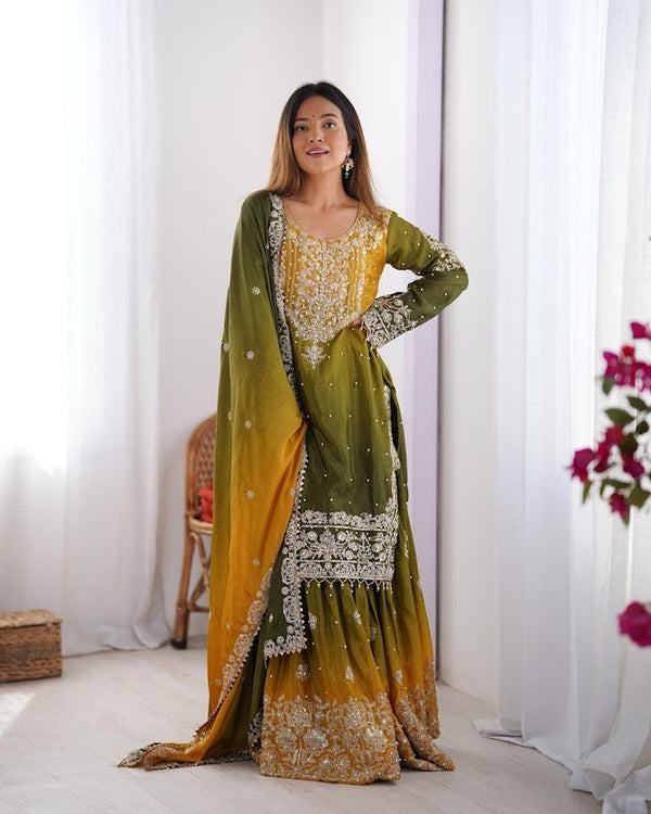 Olive & Mustard Chinon Sharara Suit with Sequins & Dori Embroidery Festive Wear