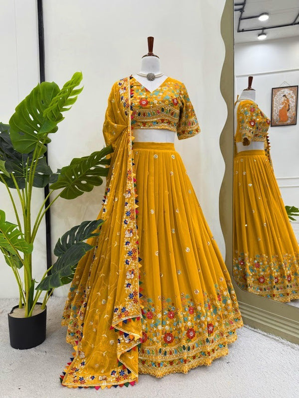 Mustard Yellow Mirror & Multicolor Embroidered Lehenga Set
