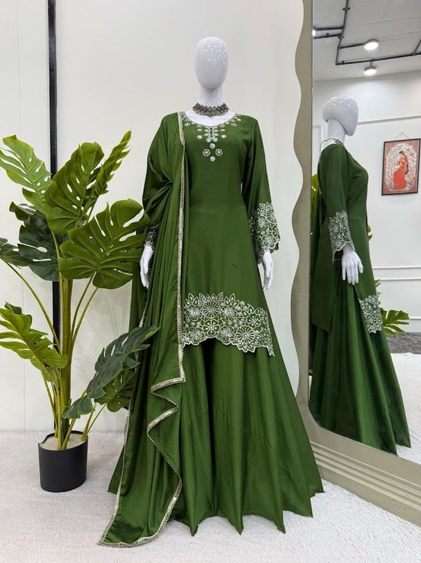 Emerald Green Flared Sharara Set with White Thread Embroidery & Mirror Border Dupatta