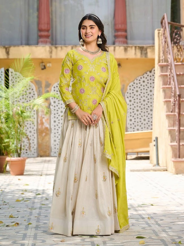 Lime Green and Ivory Embroidered Lehenga Set Fresh Festive Elegance for Special Occasions