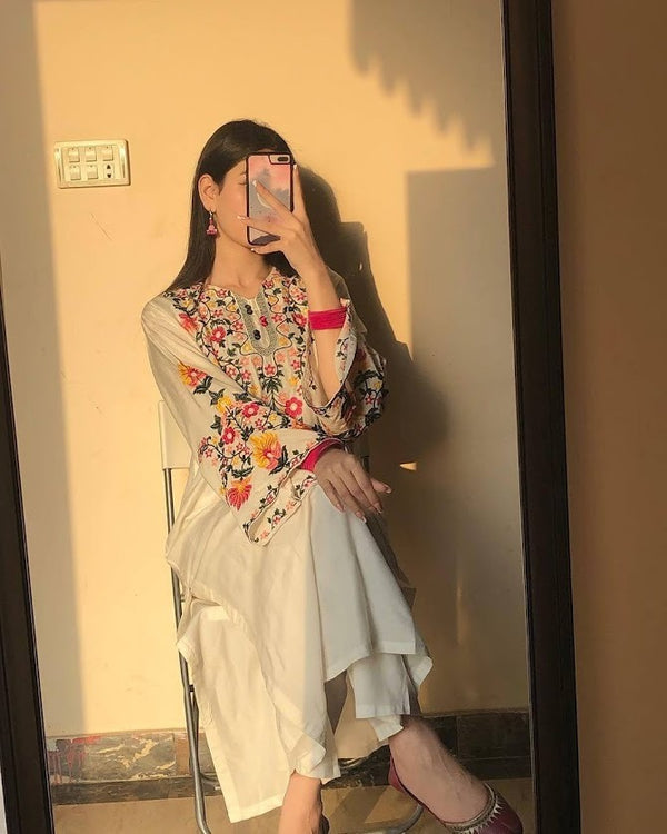 Ivory Cotton Kurta Set with Vibrant Multicolor Kashmiri Embroidery