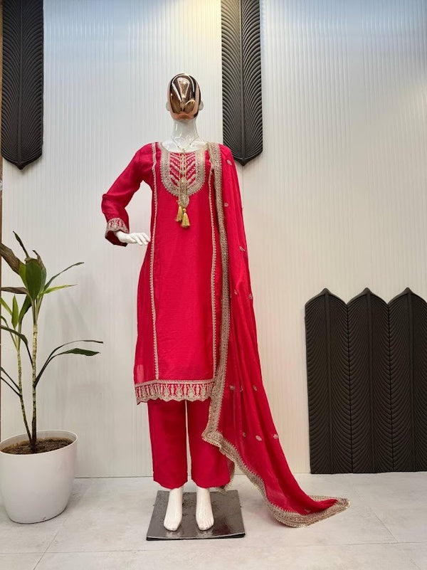 Hot Pink Embroidered Kurti Pant Set with Gota Work and Tassel Dupatta