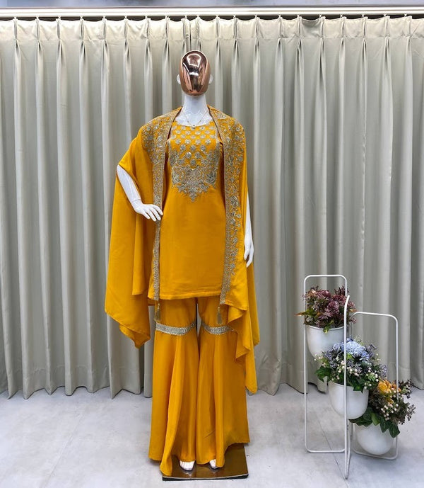 Sunshine Yellow Cape Style Sharara Set with Intricate Embroidery