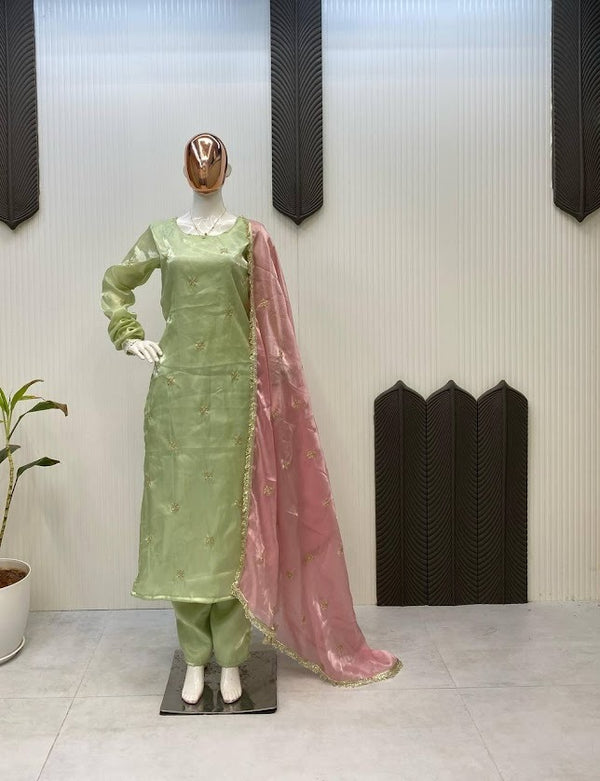 Pastel Peach & Mint Elegance Organza Suit Set with Gota Detailing
