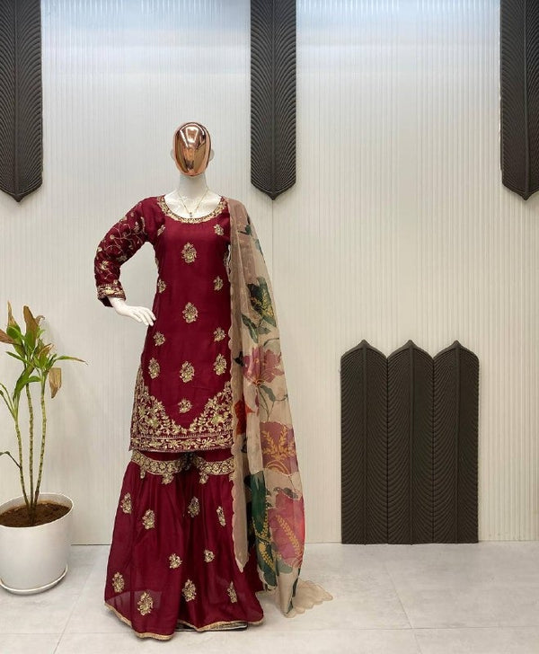 Maroon Velvet Sharara Set with Zari Embroidery & Floral Organza Dupatta