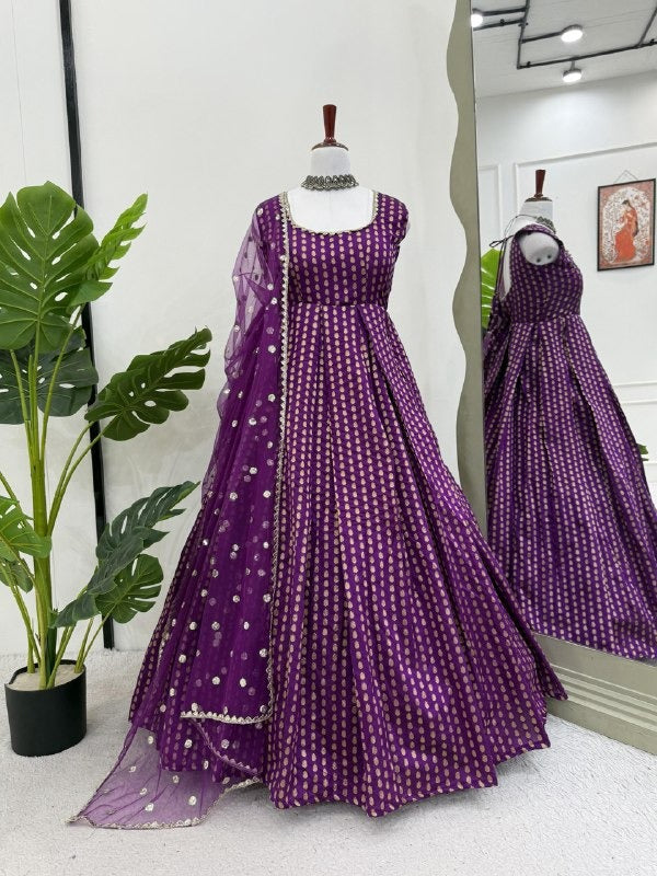 Royal Purple Foil Anarkali Set with Net Dupatta & Mirror Detailing