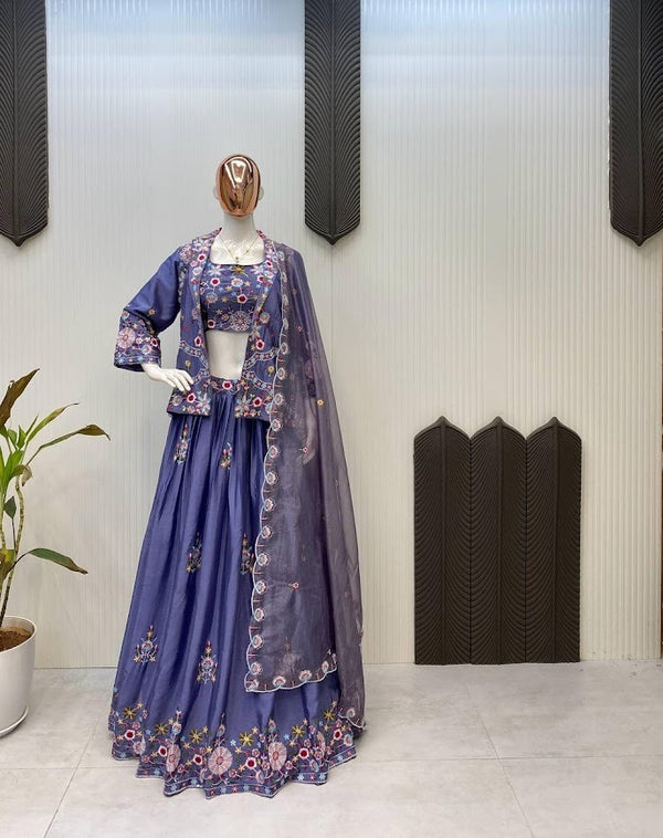 Lilac Mirror Embroidered Lehenga Set with Statement Jacket Blouse