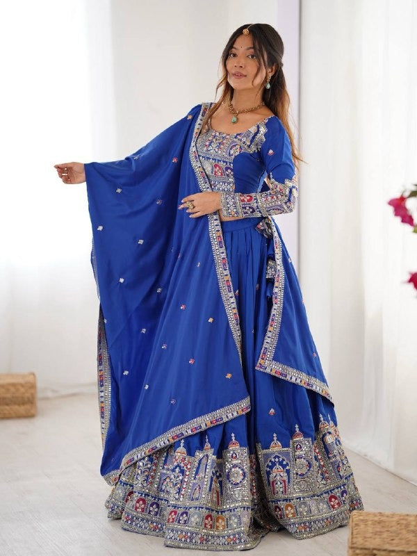 Royal Blue Mirror Work Lehenga Choli with Temple Border Embroidery