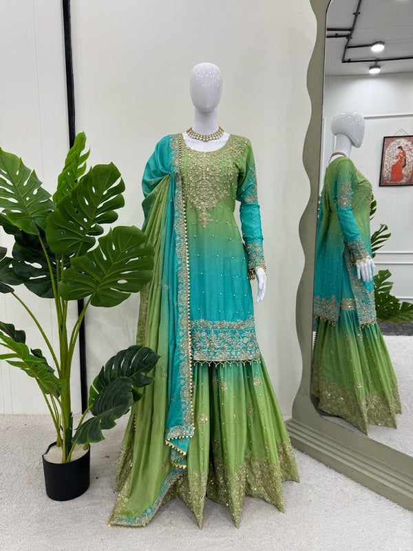 Aqua Green Embroidered Sharara Set with Dual Tone Ombre Elegance