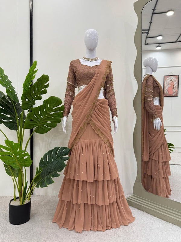 Peach Embroidered Designer Saree with Beaded Blouse