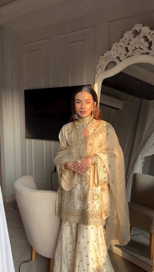 Ivory Gold Embroidered Sharara Suit Set with Net Dupatta