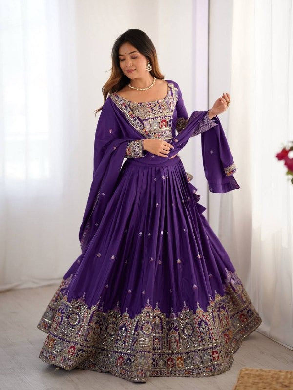 Royal Purple Mirror Work Lehenga Choli with Heritage Temple Embroidery