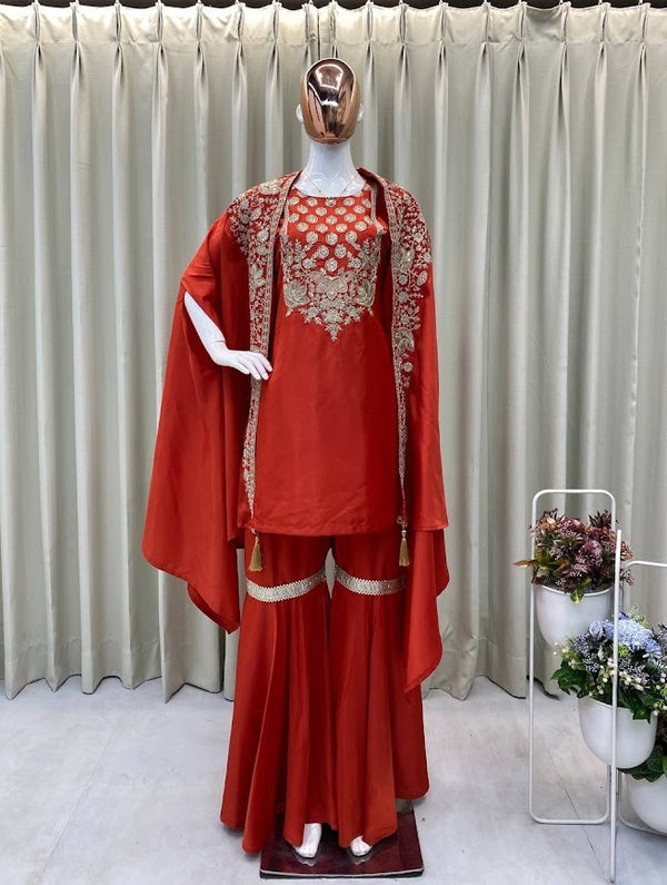 Rust Red Cape Style Sharara Set with Heavy Embroidery