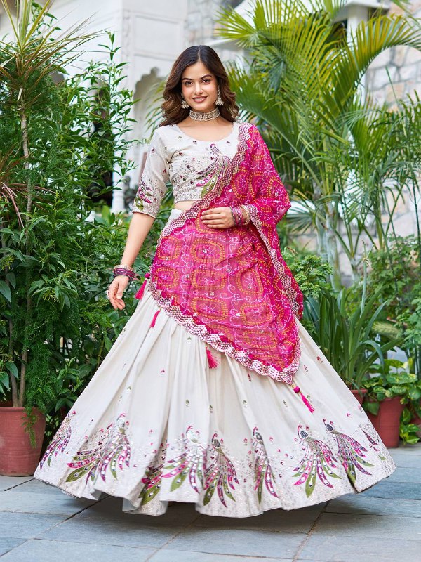 Ivory Peacock Embroidered Lehenga with Bandhej Pink Dupatta