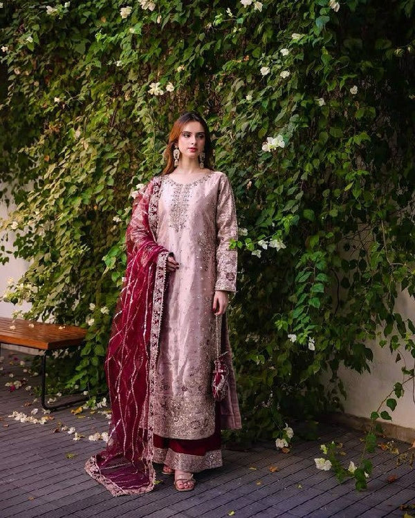 Blush Pink Embellished Silk Suit with Maroon Velvet Dupatta Festive Edition