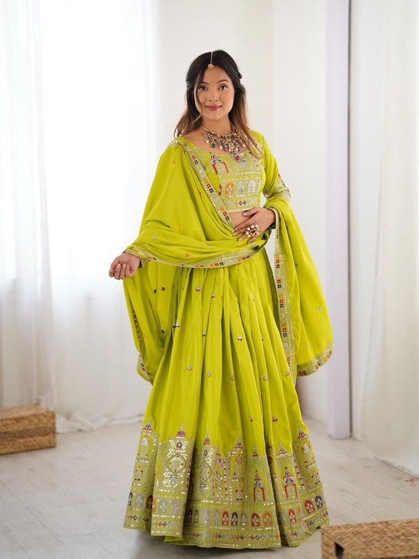 Neon Green Mirror Work Lehenga Choli with Temple Border Embroidery