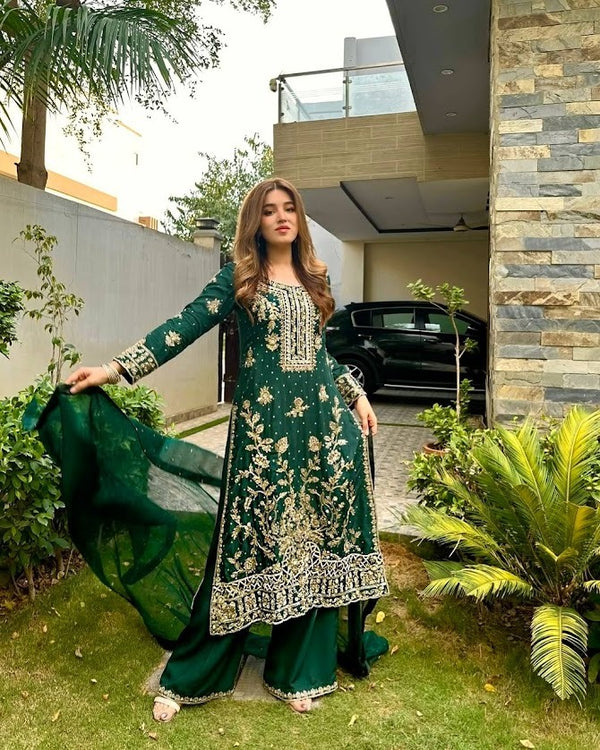Emerald Green Embroidered Party Wear Suit with Dupatta