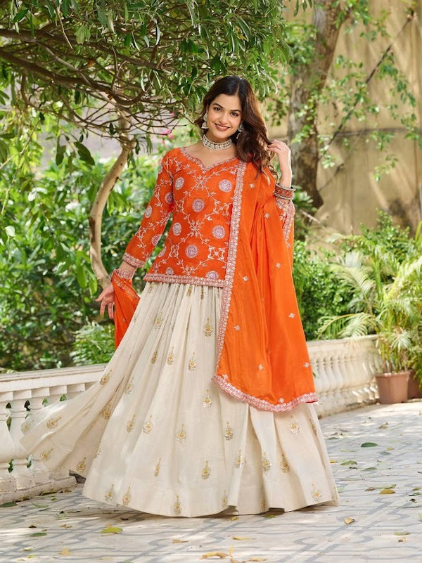 Elegant Orange and Ivory Embroidered Lehenga Set Festive Designer Ethnic Wear