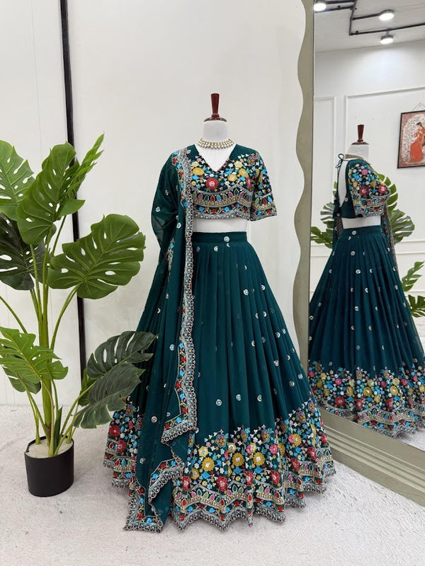Teal Green Multicolor Mirror Embroidered Lehenga Set