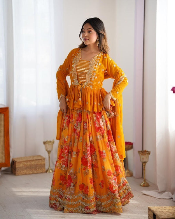 Sunshine Yellow Floral Lehenga Choli with Peplum Kurti & Dupatta