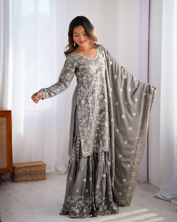 Smoky Grey Grace Subtle Embroidered Sharara Set for Effortless Elegance