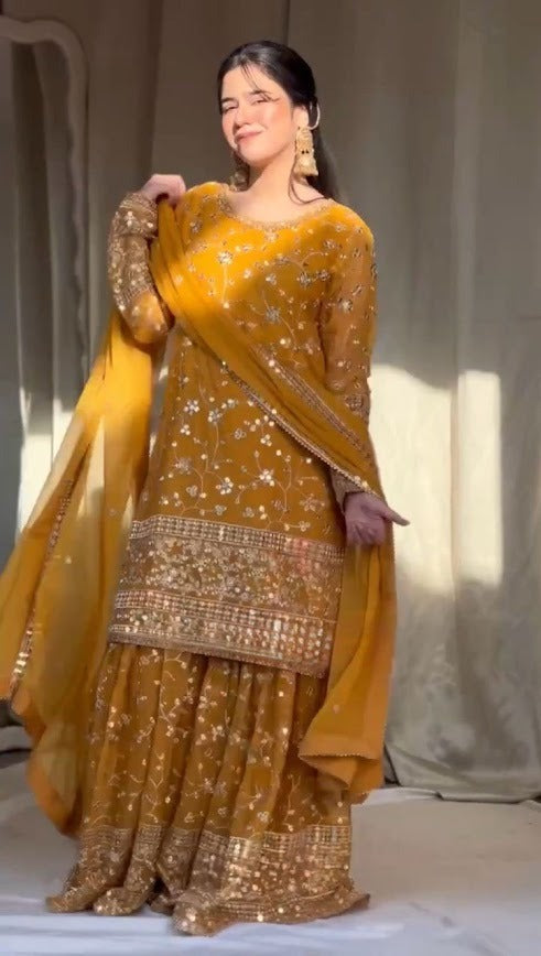 Designer Mustard Yellow Sharara Set with Zari Work and Net Dupatta