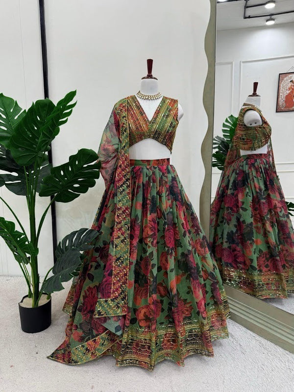 Olive Green Floral Lehenga with Embellished Blouse Vintage Royal Garden Look