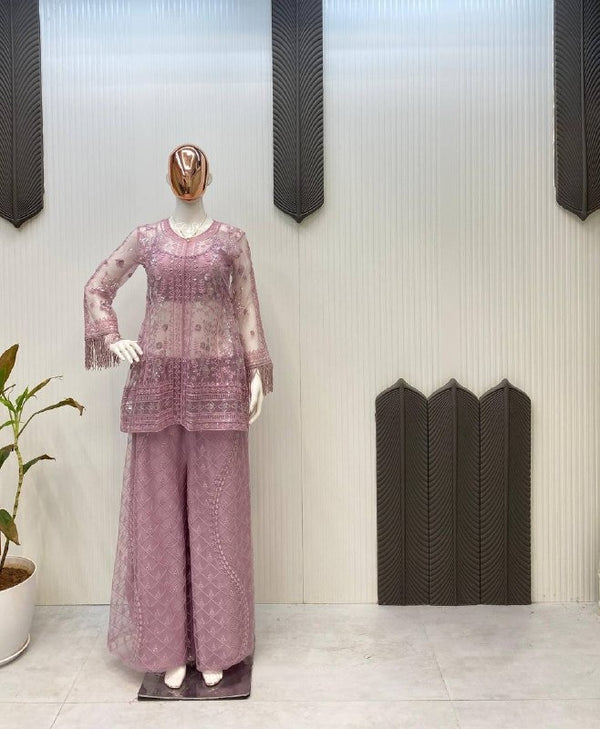 Mauve Net Embroidered Kurta Palazzo Set with Fringe Sleeves Designer Party Wear