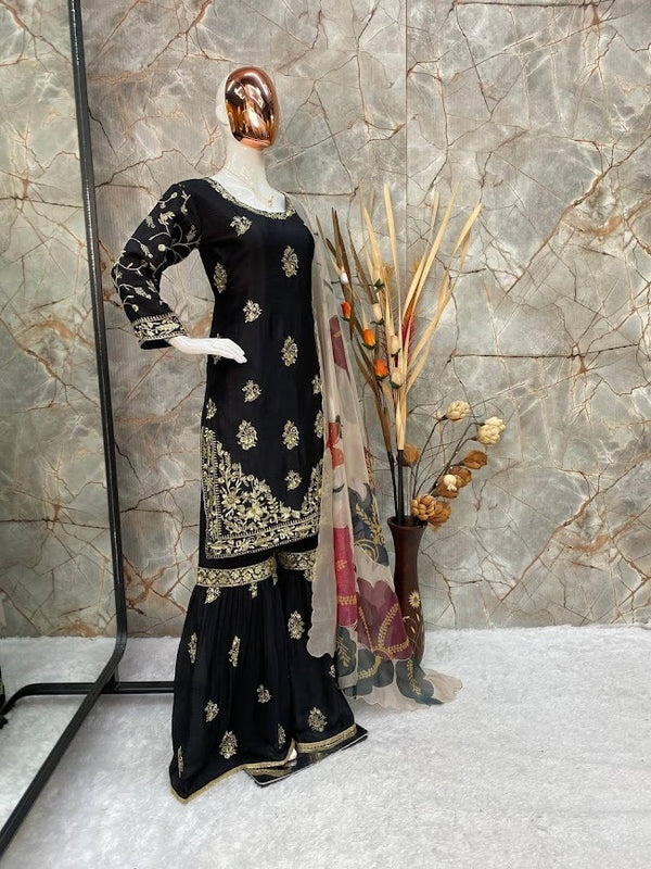 Midnight Black Sharara Suit with Antique Gold Embroidery and Contrast Dupatta