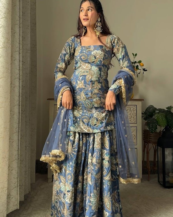 Royal Blue Paisley Sharara Set with Sequins and Net Dupatta