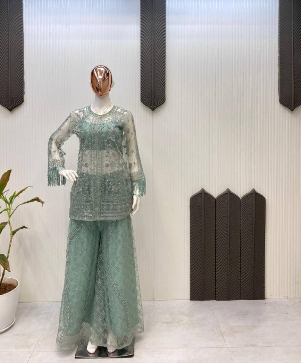 Pastel Green Embroidered Net Kurta with Palazzo Fringe Sleeve Party Wear Co ord Set