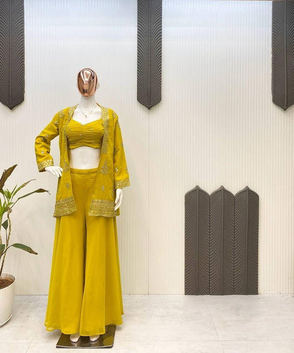 Mustard Yellow Embroidered Three Piece Co Ord Set Crop Top Palazzo & Jacket for Party Wear