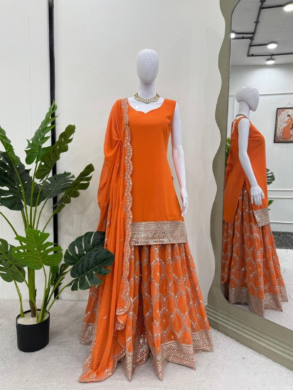 Vibrant Orange Mirror Work Sharara Suit Set with Embellished Hem Wedding Wear
