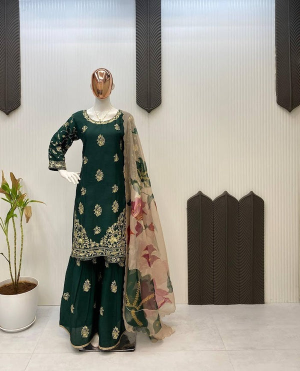 Emerald Green Sharara Suit with Zari Embroidery and Floral Organza Dupatta