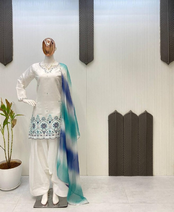 White Cotton Embroidered Suit Set with Blue Ombre Dupatta Casual Wear