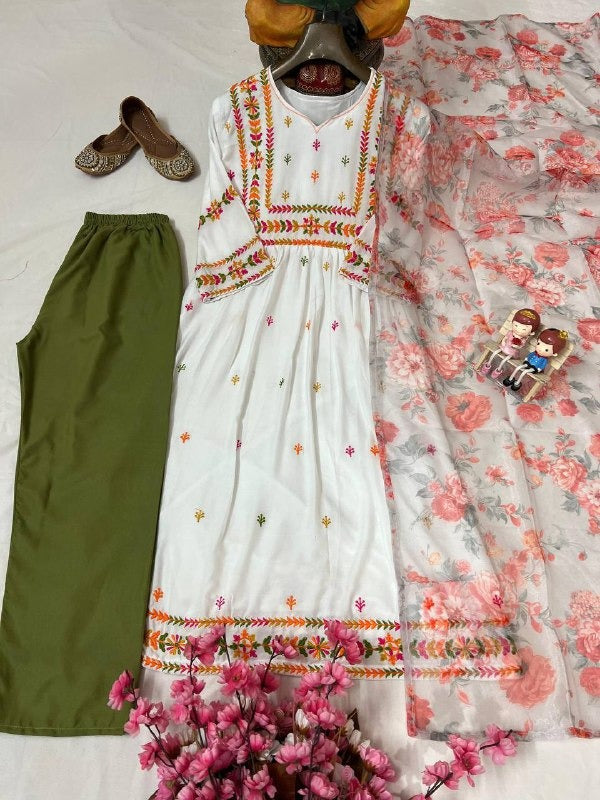 White Embroidered Anarkali Set with Olive Pants & Floral Organza Dupatta