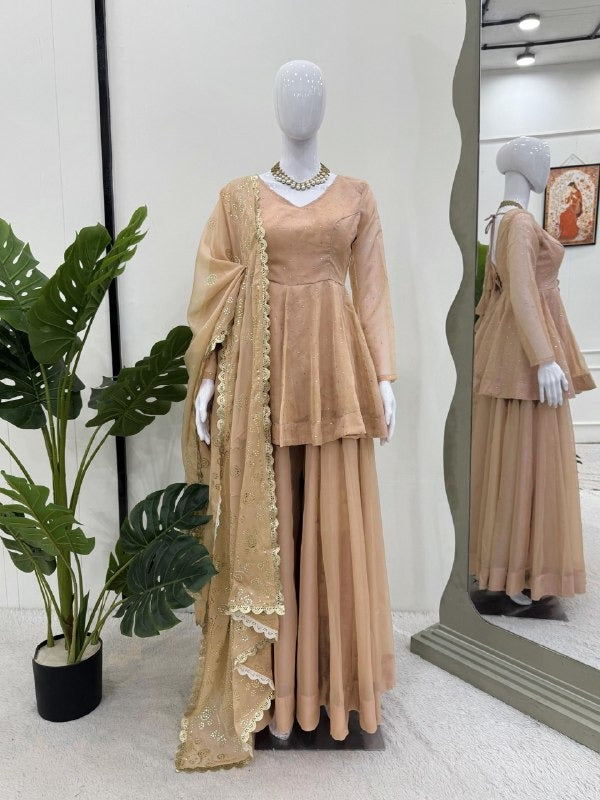 Champagne Beige Embroidered Sharara Set with Mirror Work Dupatta Elegant Festive