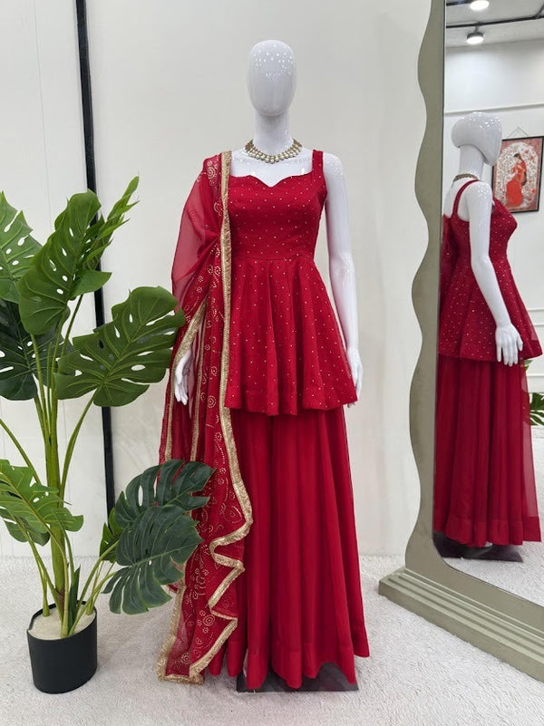 Crimson Red Peplum Sharara Set with Mirror Embellished Dupatta Festive Fusion Wear