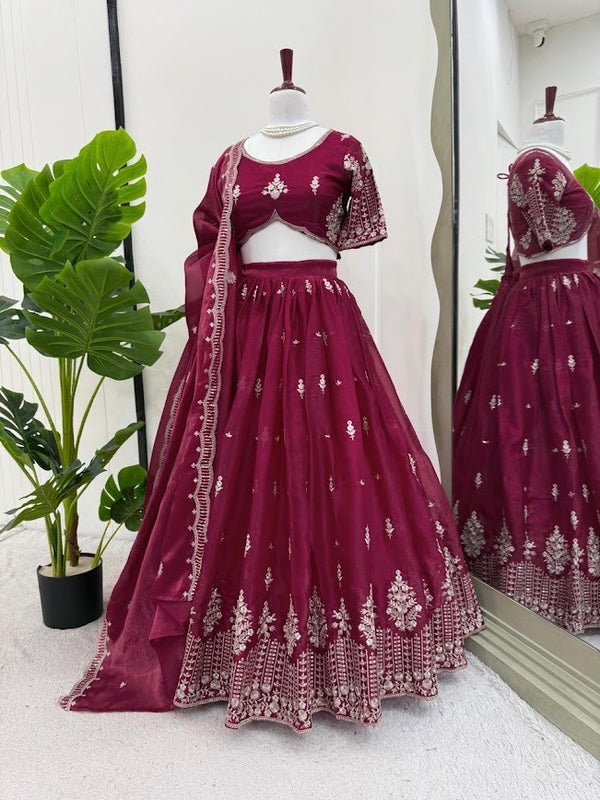 Wine Maroon Embroidered Lehenga Set Luxe Elegance with Silver Thread Detailing