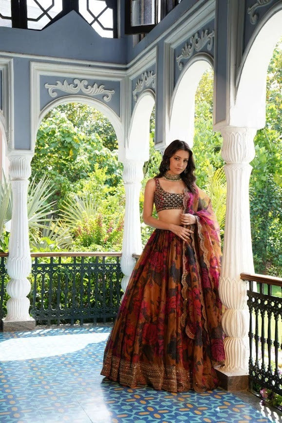 Rust Floral Printed Lehenga with Mirror Work Blouse Regal Garden Charm Ensemble