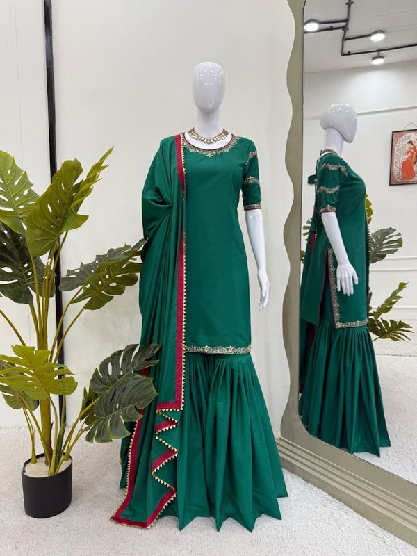 Emerald Green Georgette Sharara Set with Hot Pink Border Detailing